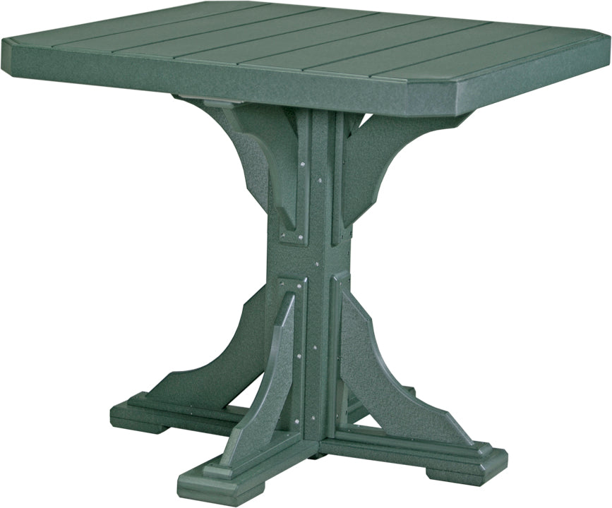 Green square counter height table with a solid green slatted top and robust base, ideal for outdoor settings.