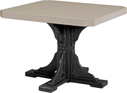 Poly 41" Square Dining Table in Weatherwood and Black, constructed with stainless steel fasteners for enhanced stability