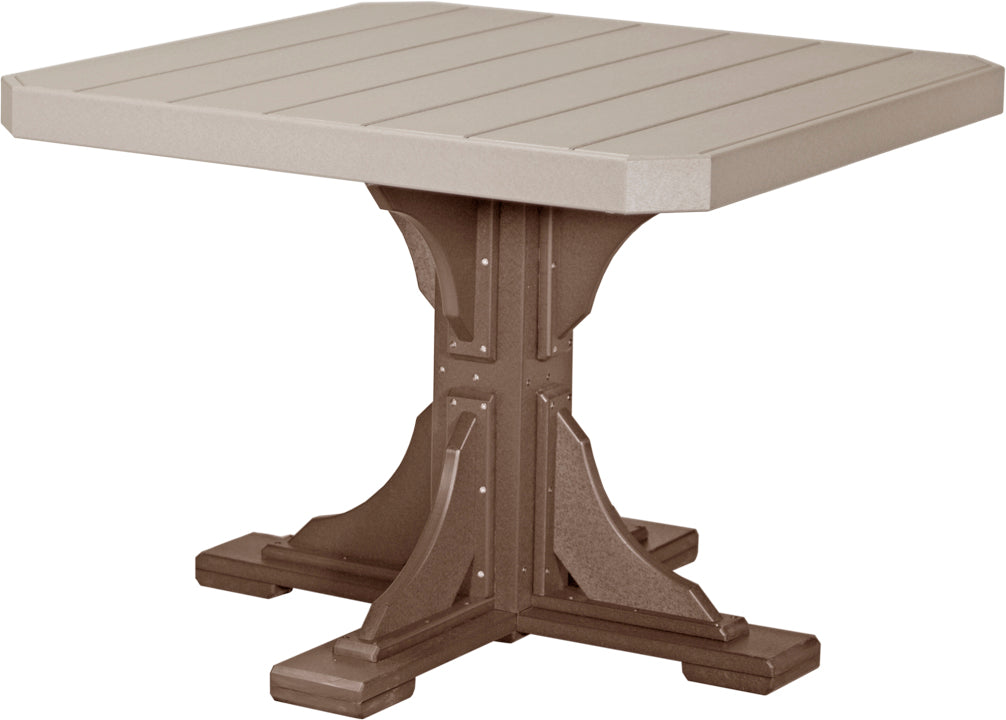 Poly 41" Square Dining Table in Weatherwood and Chestnut Brown, timeless design perfect for versatile patio decor