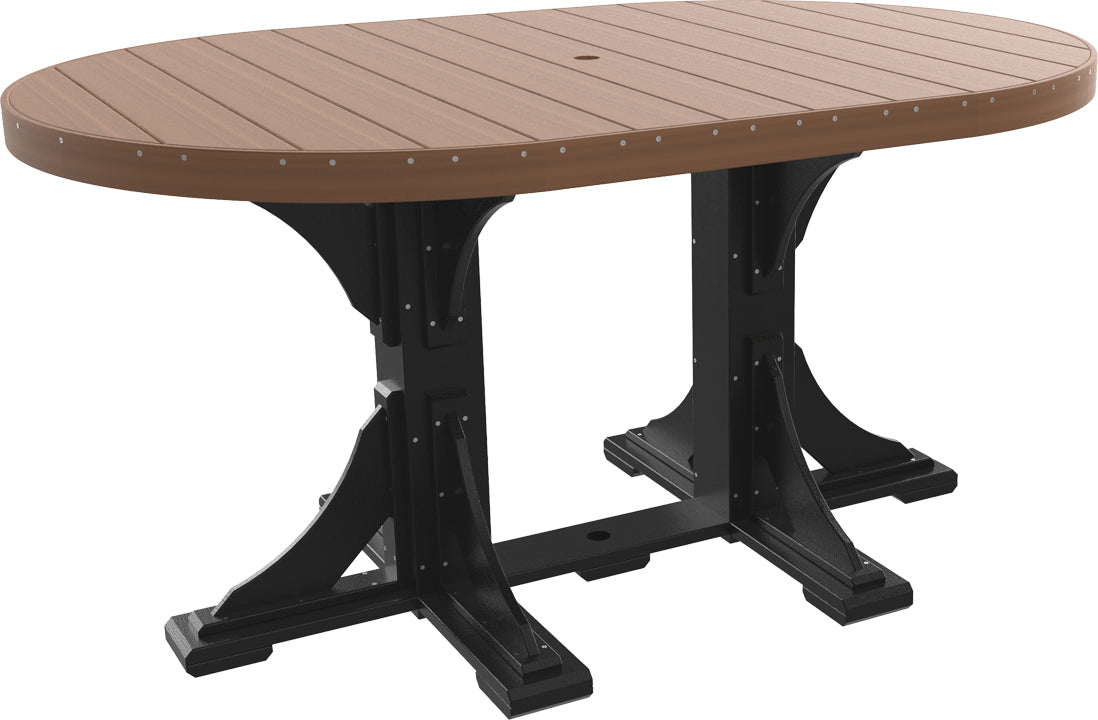 Poly 4'x6' Oval Counter Table in Antique Mahogany with a durable Black base, showcasing its elegant, high-quality poly lumber construction and timeless style for your patio or garden.