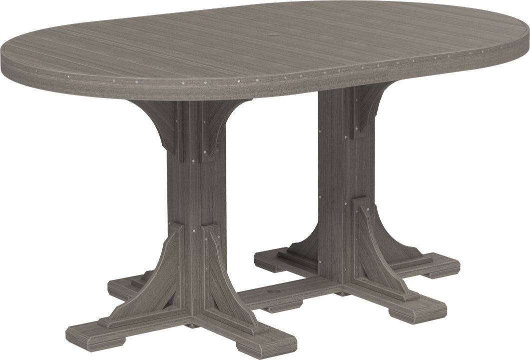 Poly 4'x6' Oval Counter Table in Coastal Gray with a contrasting Black base, emphasizing its weather-resistant materials and sophisticated look.