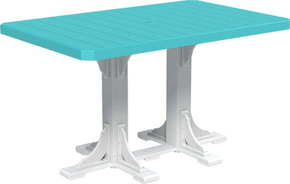 Rustic Poly Adirondack 4' x 6' Rectangular Bar Dining Set in Aruba Blue and White, featuring eco-friendly poly lumber, a large table, and comfortable swivel seating for outdoor gatherings.