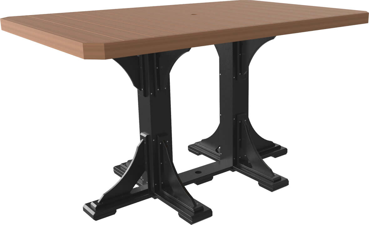 Host gatherings with the Poly Adirondack 4' x 6' Rectangular Bar Set in Antique Mahogany and Black, crafted from sustainable poly lumber, offering a large table and stylish swivel seating.