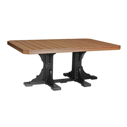 Rectangular dining table featuring an elegant Antique Mahogany & Black design, with sturdy dual pedestal bases supporting a slat-top surface, displayed on a neutral background.