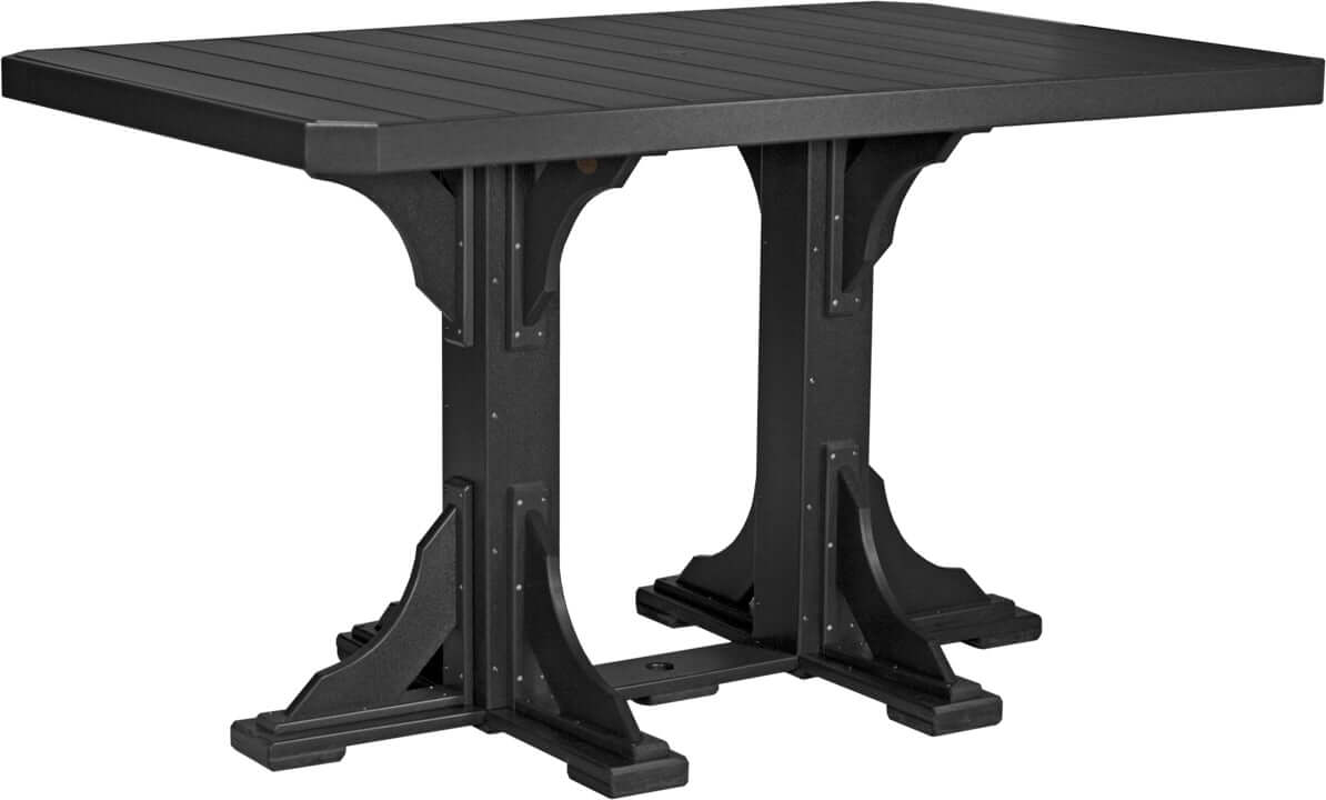 Traditional Poly Adirondack 4' x 6' Rectangular Bar Table Set in Black, designed with durable poly lumber, offering a generous dining surface and ergonomic swivel chairs for elegant outdoor dining.