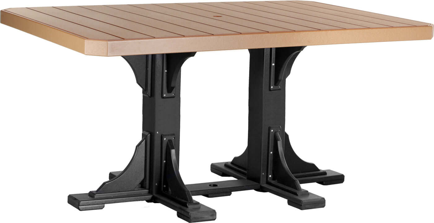 Modern farmhouse Poly Adirondack 4' x 6' Rectangular Bar Table in Cedar and Black, made from weather-resistant poly lumber, featuring a large table and stylish swivel seating.