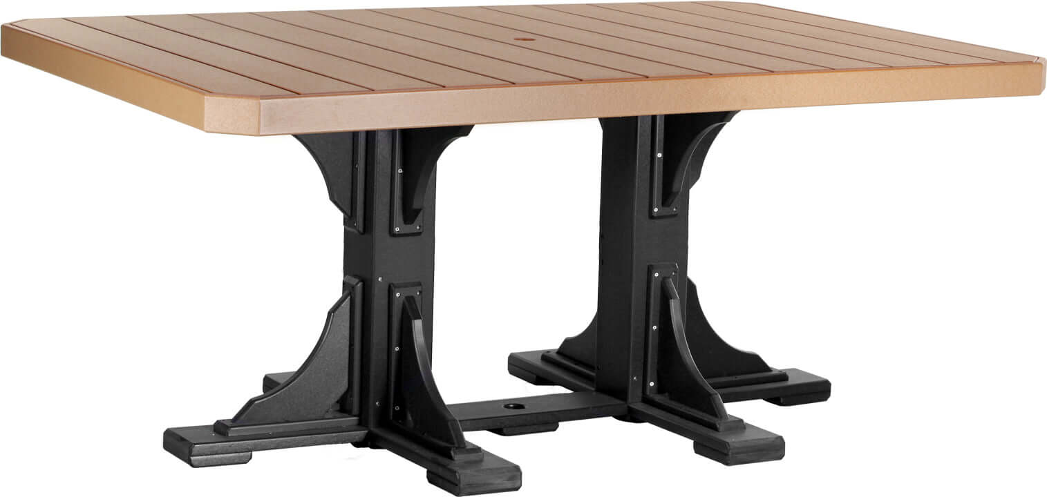 Eco-friendly and stylish 4' x 6' Poly Island Rectangular Counter Table Set in Cedar & Black, made from high-density polyethylene (HDPE) featuring over 90% recycled materials. Ideal for outdoor dining and gatherings, resistant to weather and easy to maintain.