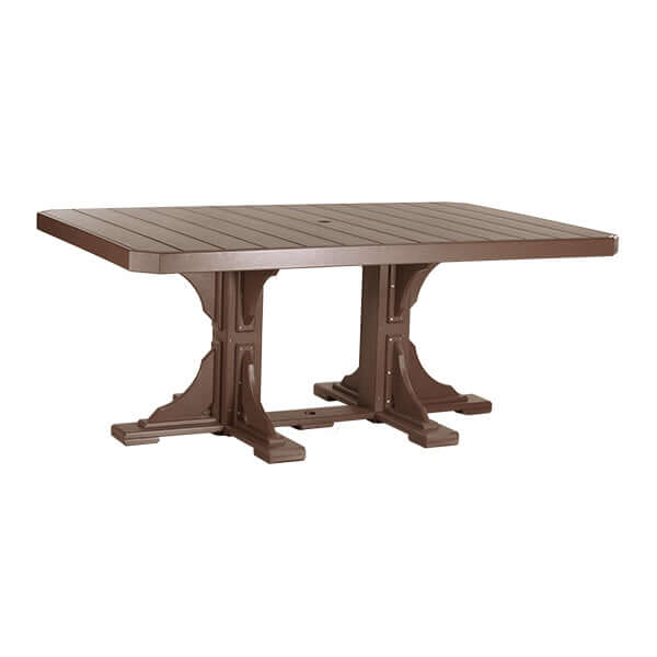 Warm Chestnut Brown Poly Adirondack Rectangular Dining Table, exuding a cozy, welcoming vibe with its rich brown color, perfect for intimate gatherings in a homey outdoor setting.