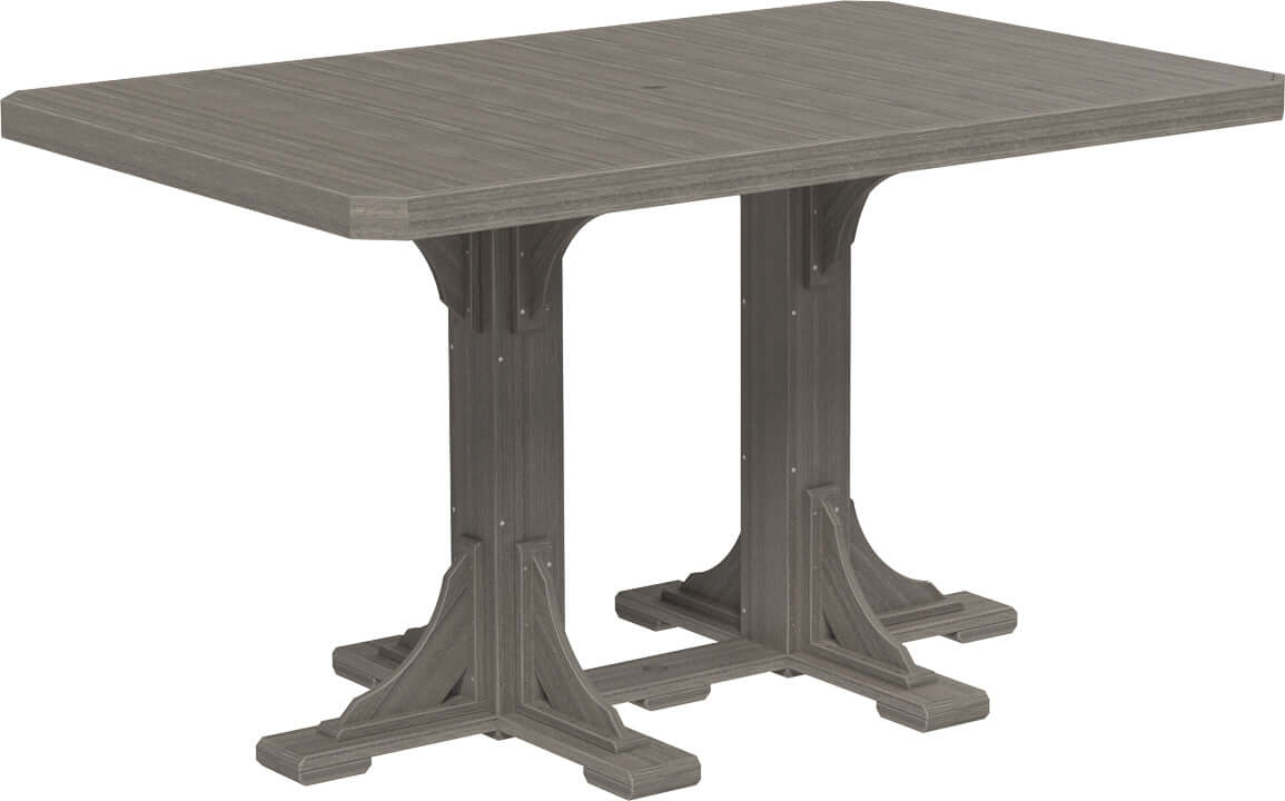 Farmhouse-style Poly Adirondack 4' x 6' Rectangular Bar Table Set in Coastal Gray, made from high-density polyethylene, featuring a large dining surface and comfortable swivel chairs.