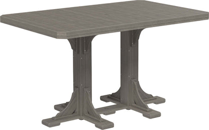 Farmhouse-style Poly Adirondack 4' x 6' Rectangular Bar Table Set in Coastal Gray, made from high-density polyethylene, featuring a large dining surface and comfortable swivel chairs.