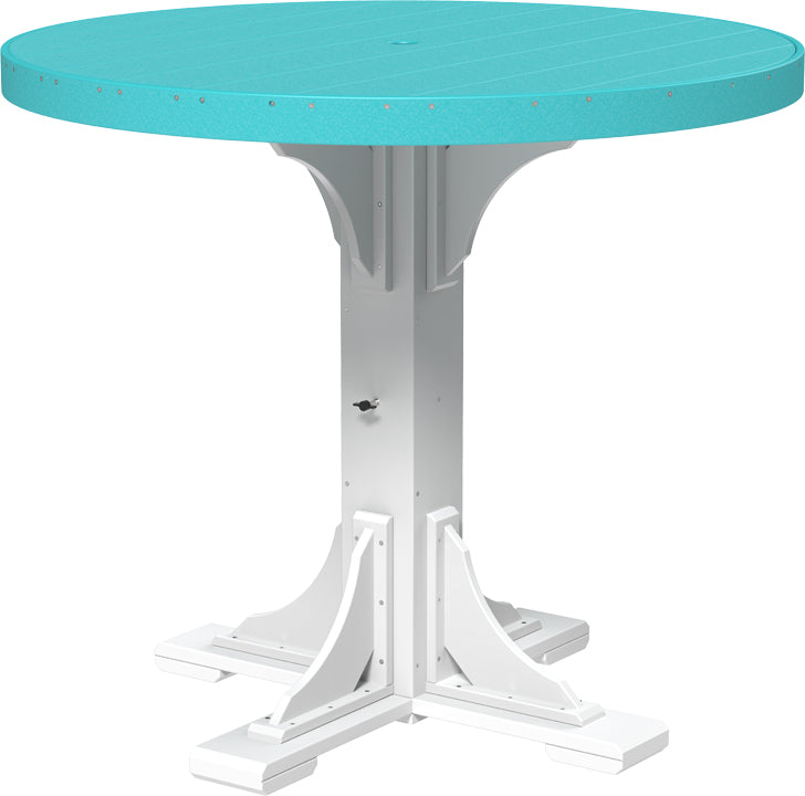 LuxCraft 4' Poly Round Bar Table in Aruba Blue & White, perfect for outdoor dining, seating four guests comfortably