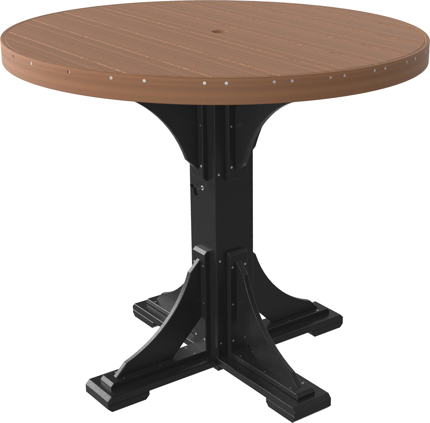 Antique Mahogany and Black 4′ Round Table, combining elegance and resilience for outdoor use.