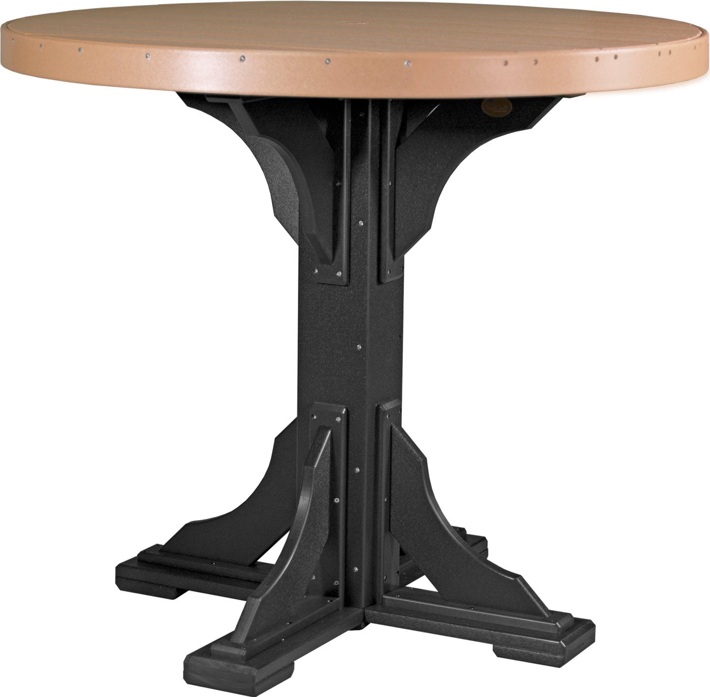 Cedar and Black Round Table, a rustic yet sophisticated option for outdoor dining areas.