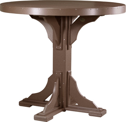 Chestnut Brown Bar Height Round Table, perfect for intimate outdoor meals and durable for all seasons.