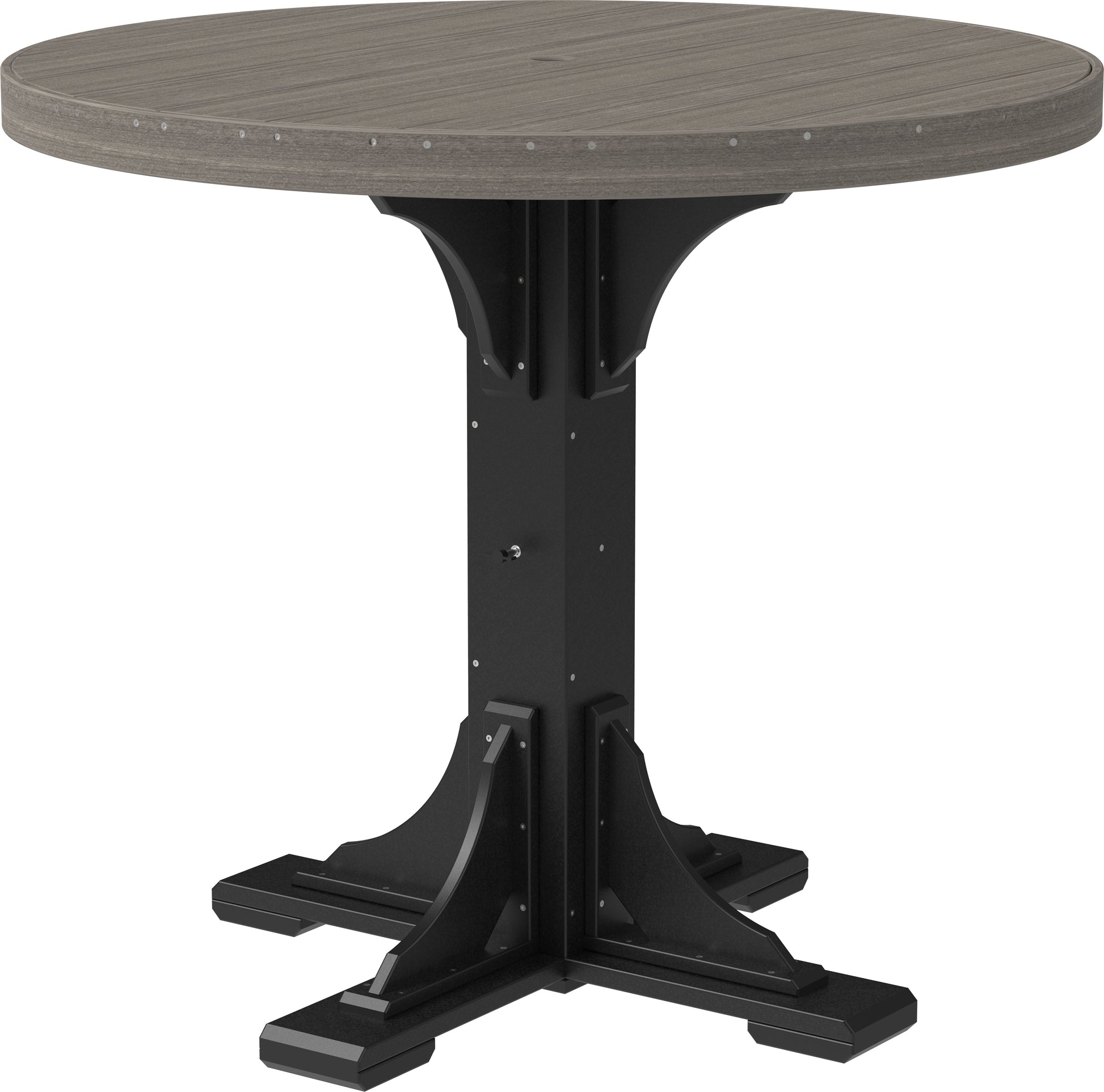 Coastal Gray and Black Round Table, a robust choice for outdoor dining, withstands various weather conditions.