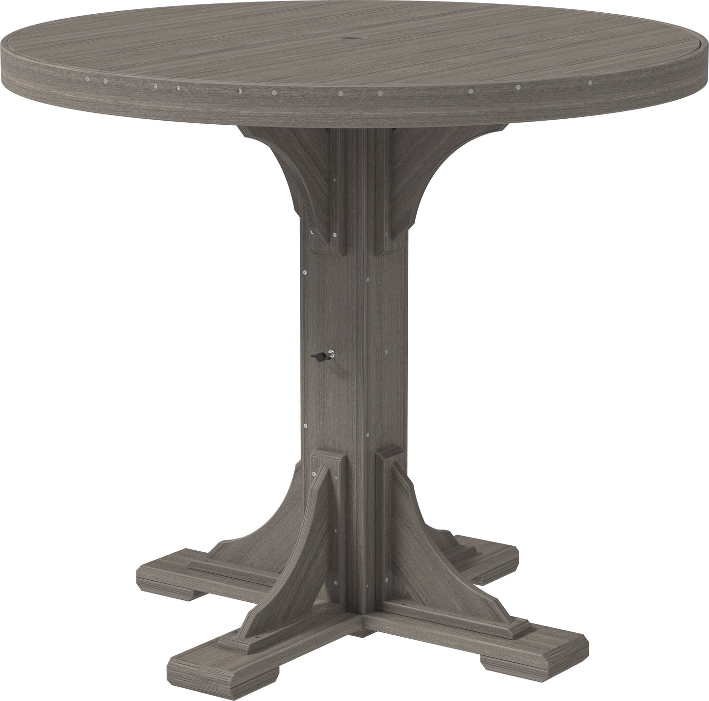 Coastal Gray 4′ Round Table, blending seamlessly with outdoor environments for stylish gatherings.