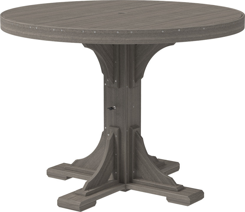 Coastal Gray Poly Counter Round Table, stylish centerpiece for patio dining.