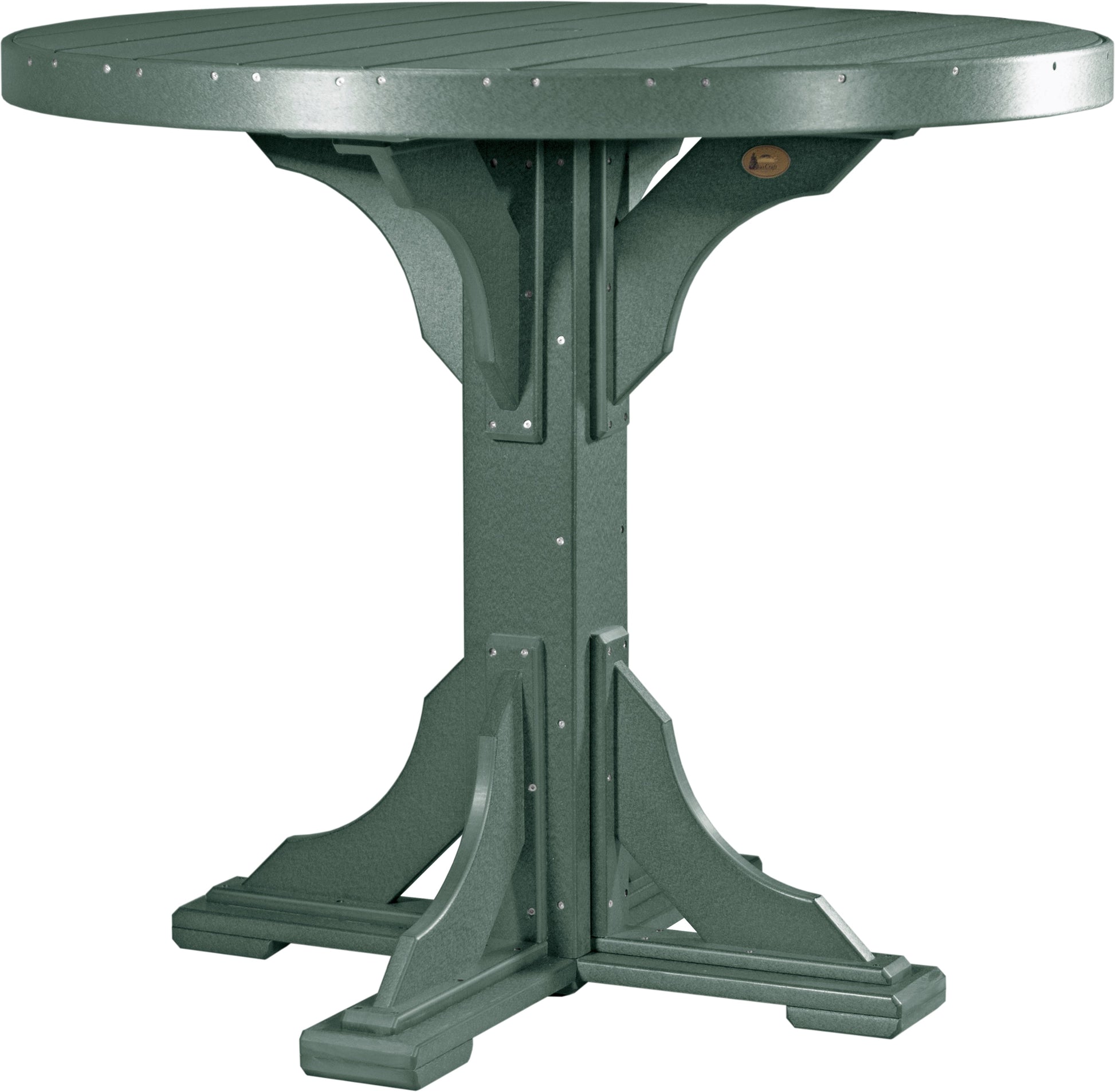 The 4' Poly Bar Round Table in a soothing green hue is ideal for blending into lush garden settings and enjoying nature.