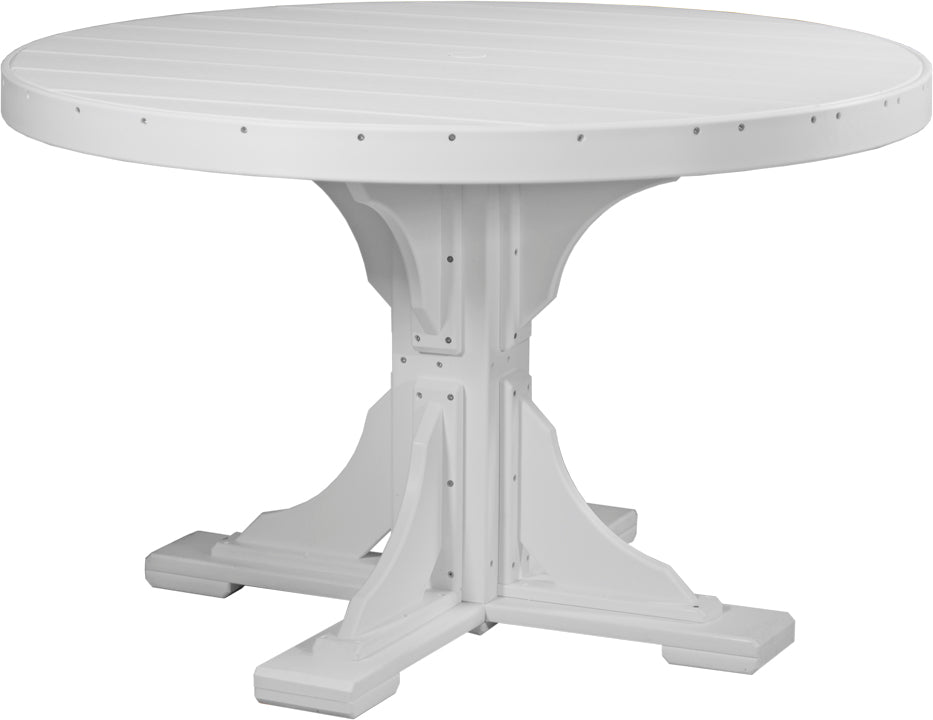 White 4' Poly Round Dining Table, pure and pristine for outdoor gatherings.