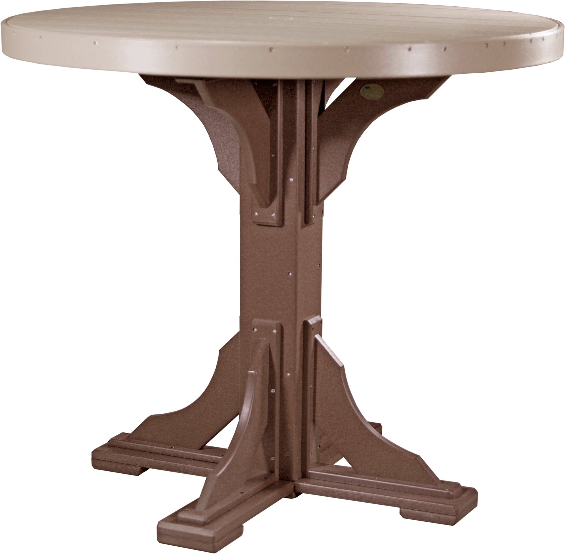 A Weatherwood & Chestnut Brown finish for 4' Poly Bar Round Table invite a warm, rustic feel to your outdoor dining experience.