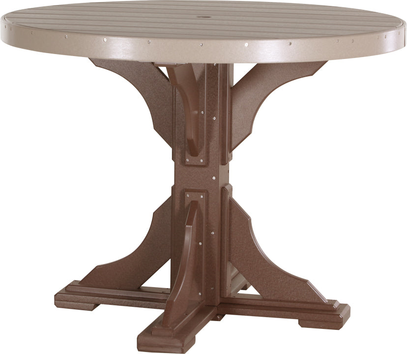 Weatherwood & Chestnut Brown Poly Counter Round Table, rich blend for stylish outdoor settings.