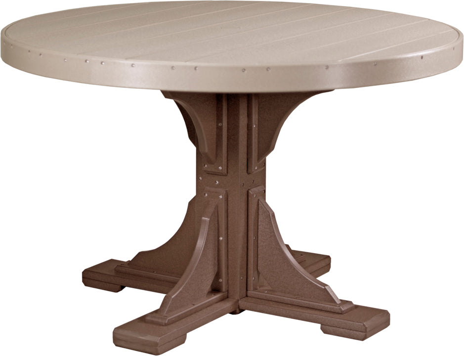 Weatherwood & Chestnut Brown 4' Poly Round Dining Table, rich blend for a luxurious meal setting.