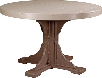 Weatherwood & Chestnut Brown 4' Poly Round Dining Table, rich blend for a luxurious meal setting.