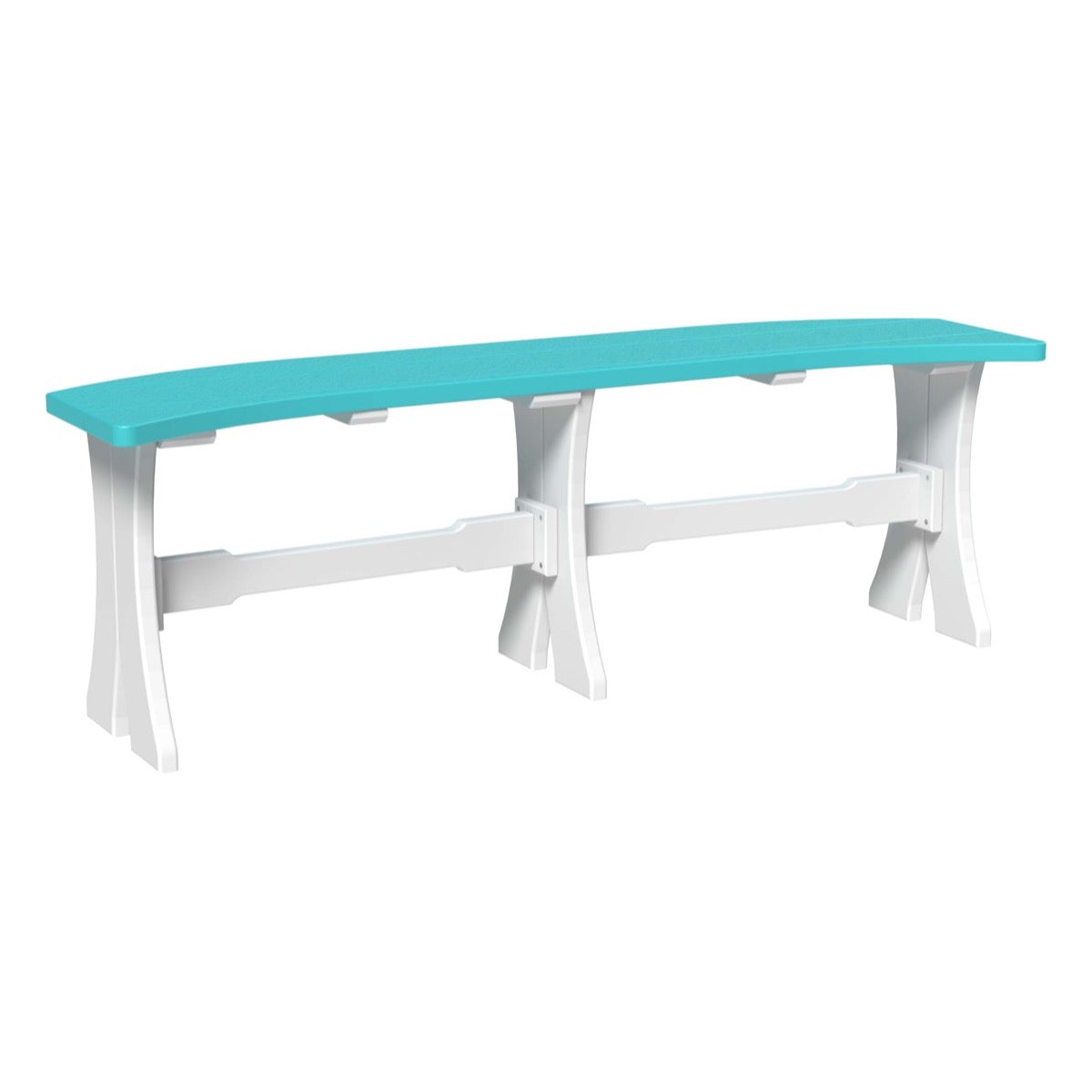 Vibrant Aruba Blue & White 52-inch Poly Wood Outdoor Table Bench placed in a sunny outdoor setting, adding a splash of color to the fresh, airy environment.