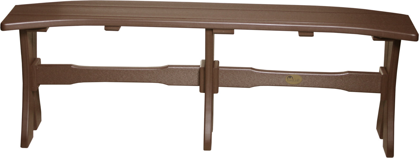 Warm Chestnut Brown 52-inch Poly Wood Outdoor Table Bench in a rustic garden setting, complemented by natural wood and stone elements for a cozy, inviting atmosphere.