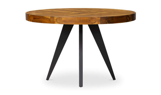 Front view of the Parq Round Amber Dining Table emphasizing its rustic charm