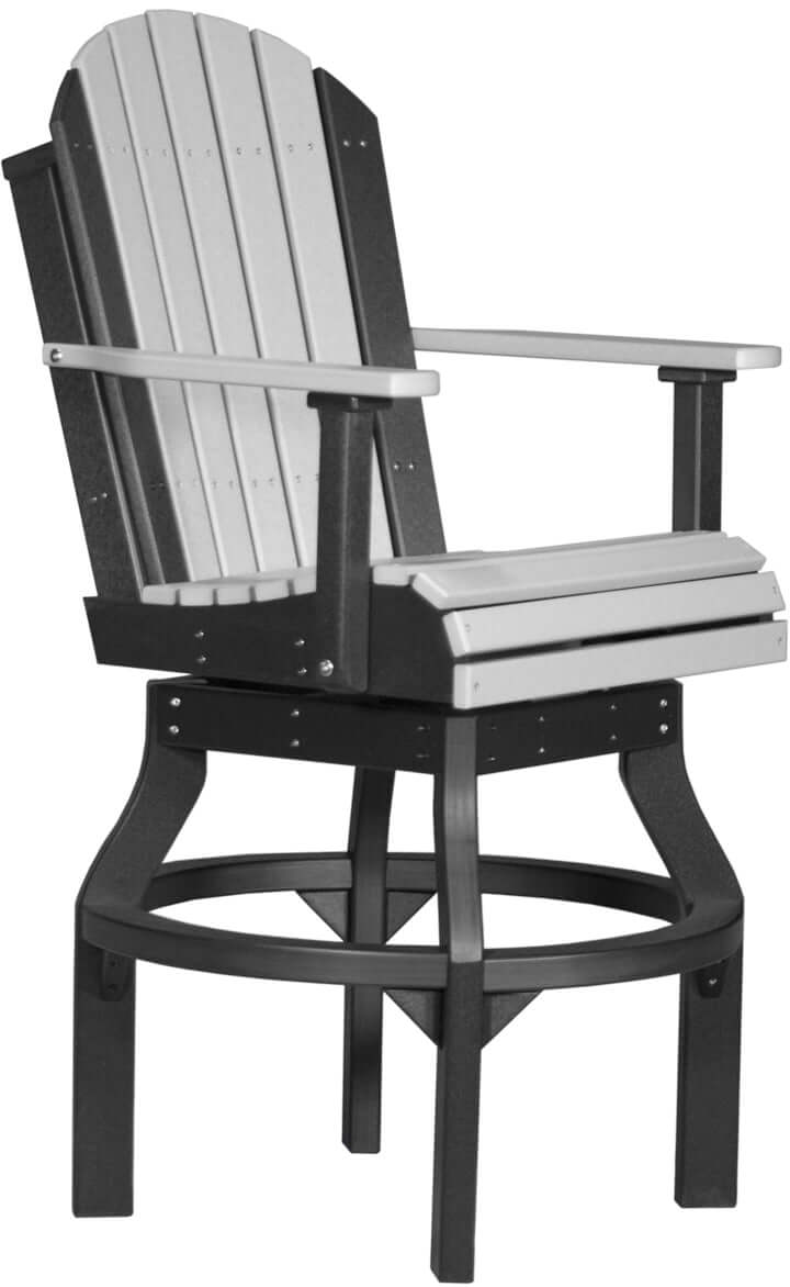 Poly Adirondack Swivel Chair in Dove Gray and Black, featuring contoured seating for optimal comfort, included in the 4' x 6' Rectangular Bar Set, made from eco-friendly high-density polyethylene.