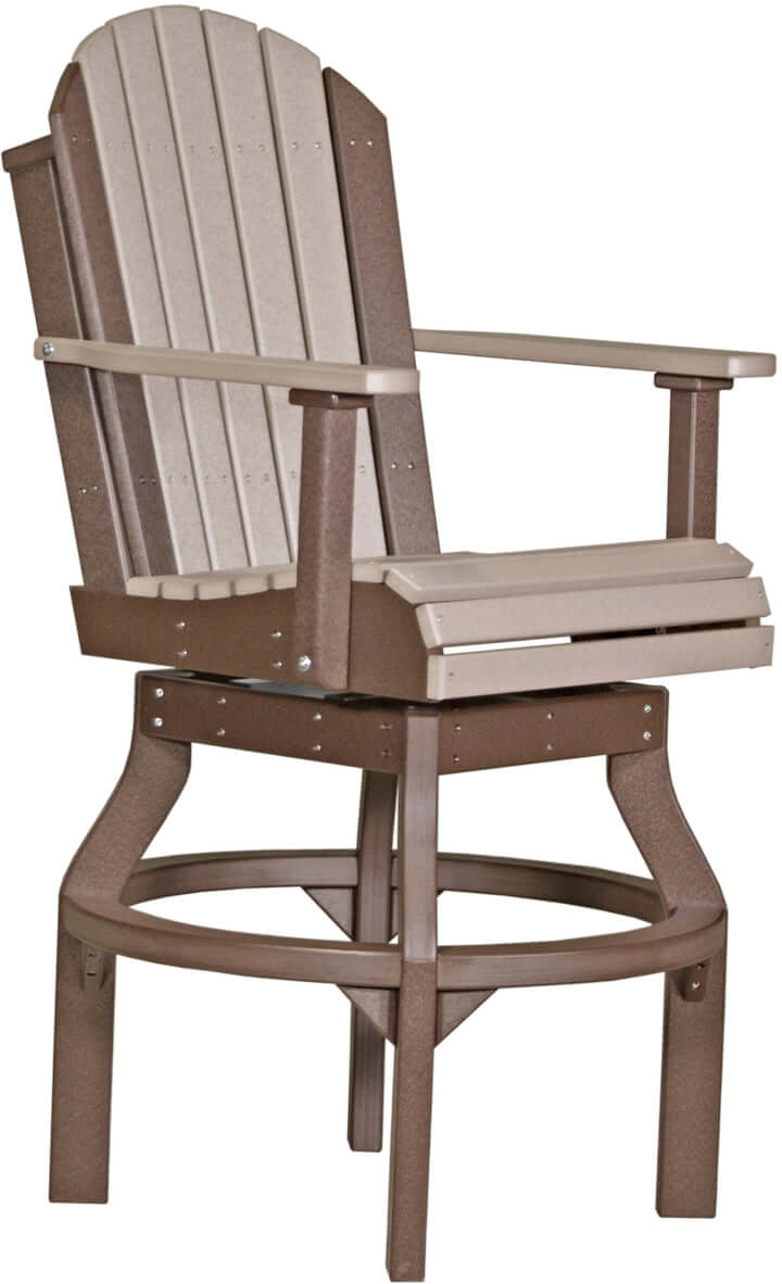 Poly Adirondack Swivel Chair in Weatherwood and Chestnut Brown, part of the 4' x 6' Rectangular Bar Set, made from eco-friendly materials, designed for optimal comfort and weather resistance.