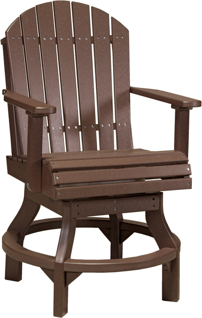 LuxCraft Adirondack Dining Swivel Chair in chestnut brown, showcasing a detailed view of its vertical slat back and wide armrests for enhanced comfort.