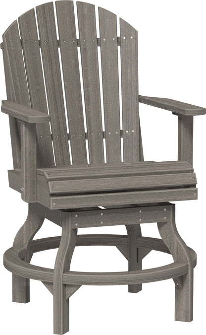 Close-up of a LuxCraft Adirondack Dining Swivel Chair in coastal gray, highlighting its weather-resistant poly lumber construction