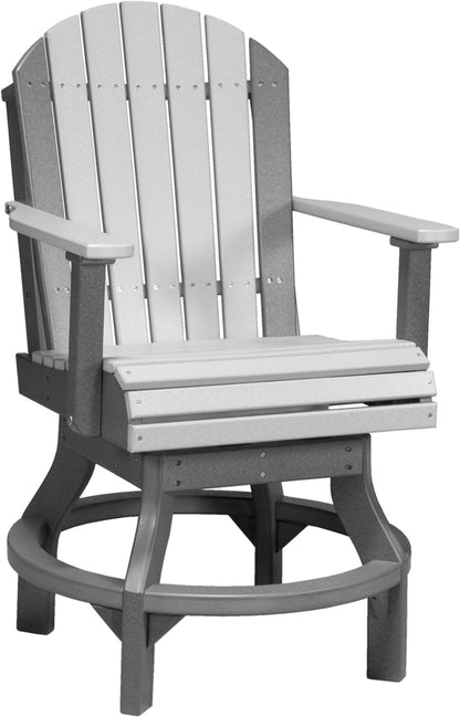 LuxCraft Adirondack Counter Swivel Chair in Dove Gray & Slate, featuring a 360° swivel mechanism and a rounded footrest, perfect for enjoying panoramic views from your patio.