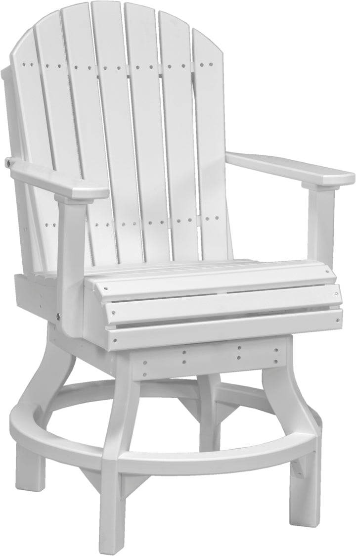 Pristine white LuxCraft Adirondack Counter Swivel Chair, offering a classic, clean look with contoured seating for enhanced comfort on sunny days.