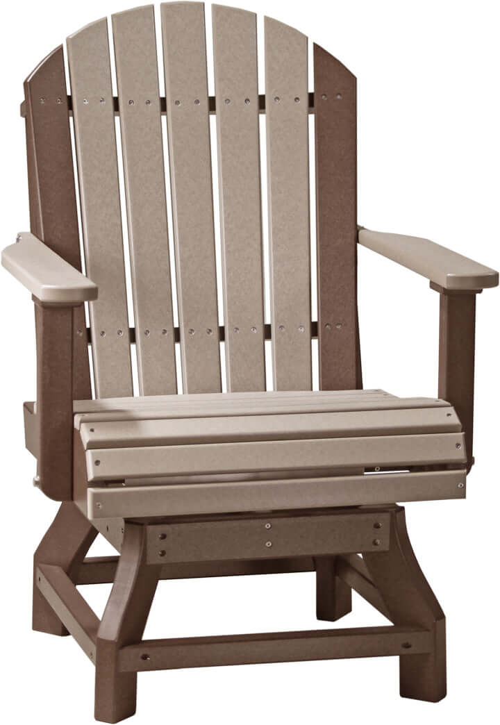 Weatherwood & Chestnut Brown Poly Adirondack Chair, offering a rustic yet refined look with its mix of gray and brown tones, suitable for any outdoor decor.