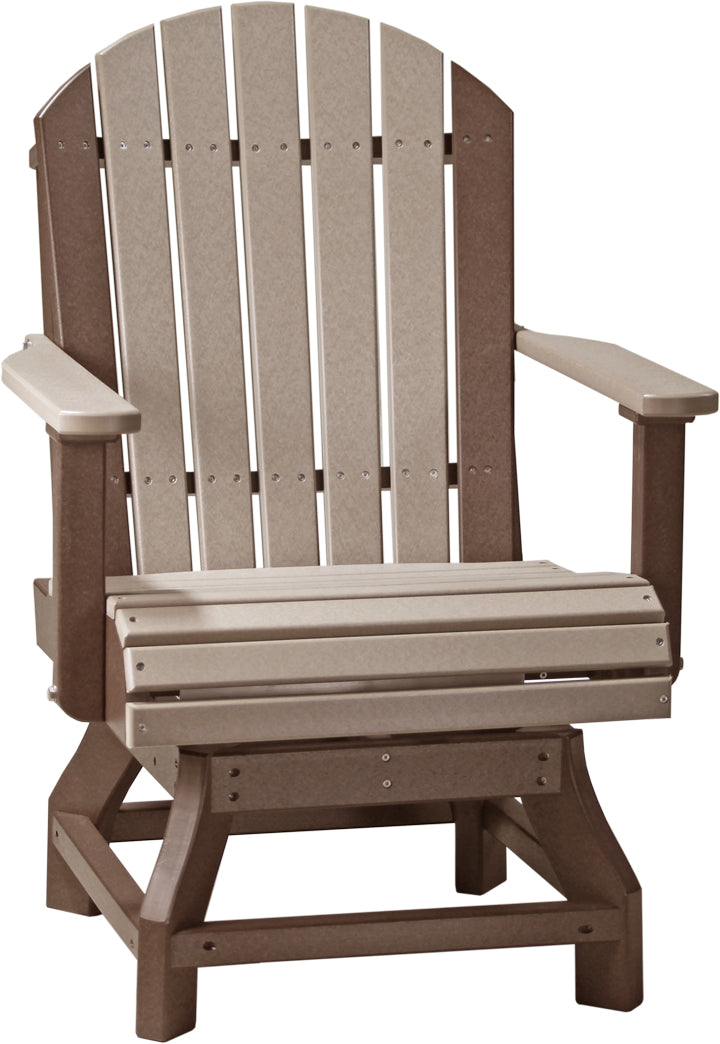 Weatherwood & Chestnut Brown Adirondack Dining Swivel Chair with warm brown slats and a chestnut frame, designed for comfort.