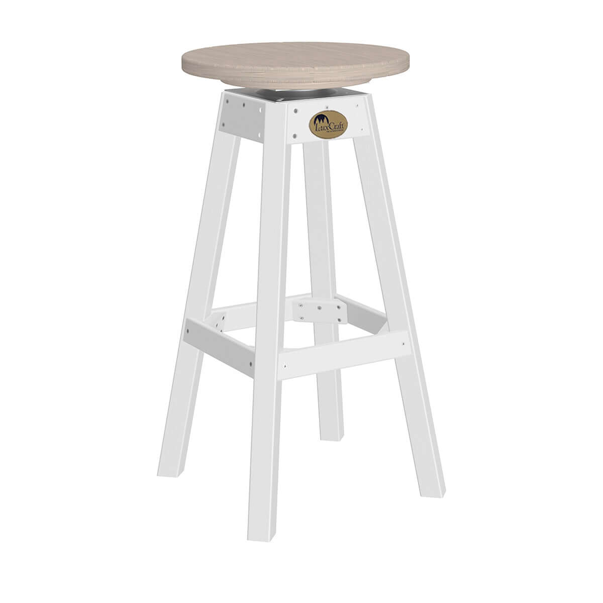 Poly Lumber Outdoor Bar Stool with white frame and birchwood seat, perfect for stylish and sustainable outdoor seating.