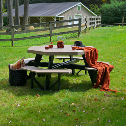 LuxCraft Octagon Picnic Table in Weatherwood and Black, seating eight, perfect for outdoor dining and gatherings.