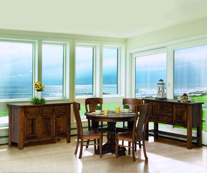 Provincial Cottage Dining Server in a cozy dining room setting with ocean view, crafted from Brown Maple wood in Michael’s Cherry finish.