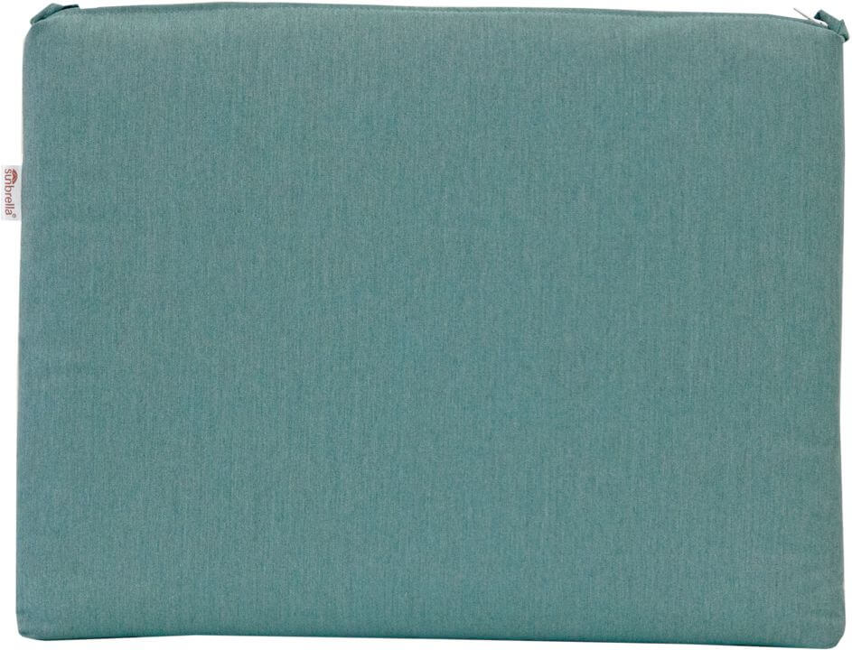 Outdoor seat cushion in Cast Breeze, a muted teal fabric, for stylish patio comfort