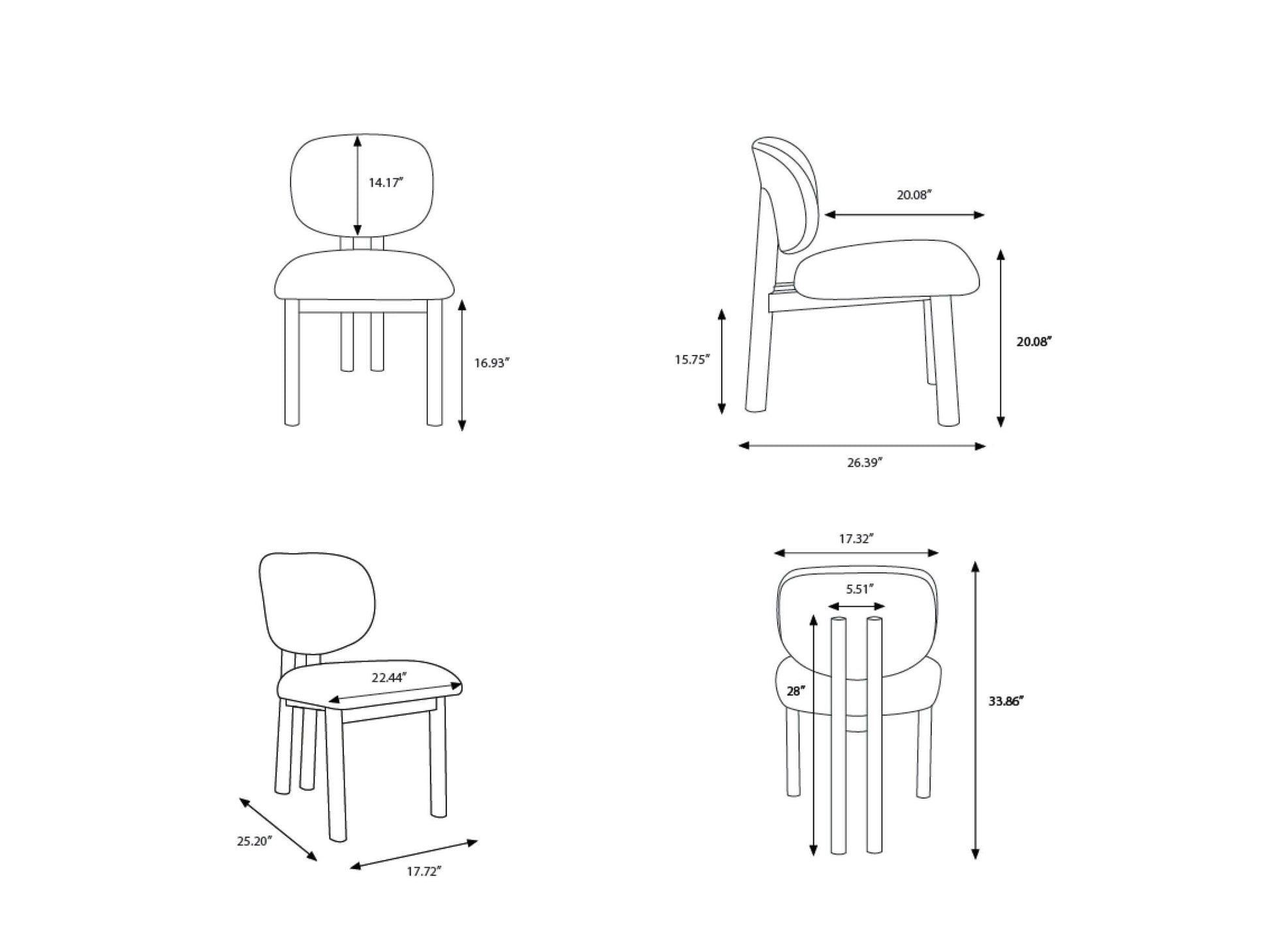 Technical drawing of the Surya Rena Dining Chair with detailed measurements, showcasing its ergonomic design.