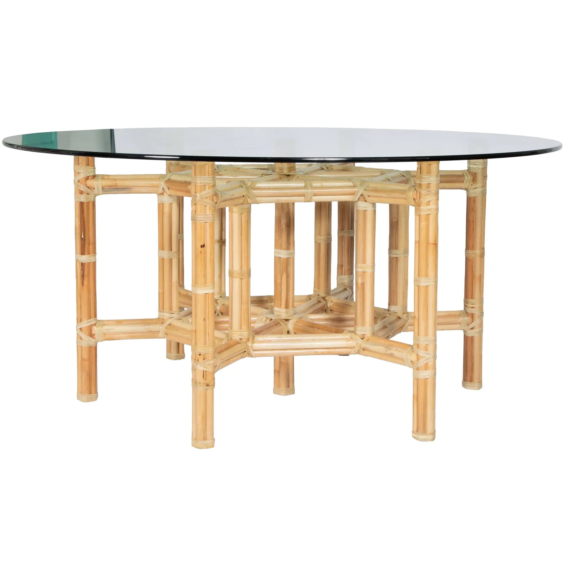 Natural rattan dining table base with a glass top, showing a modern design for contemporary dining spaces.