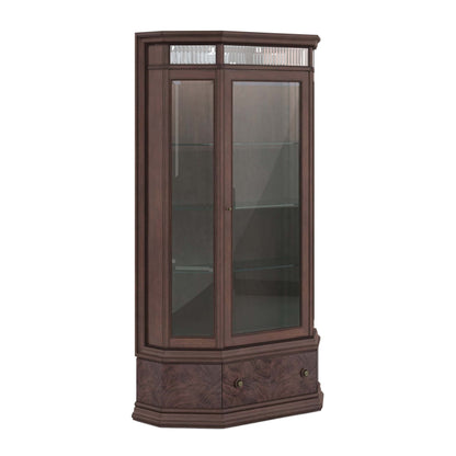 Angled view of the Revival traditional display cabinet, displaying its elegant glass doors and dark wood finish.