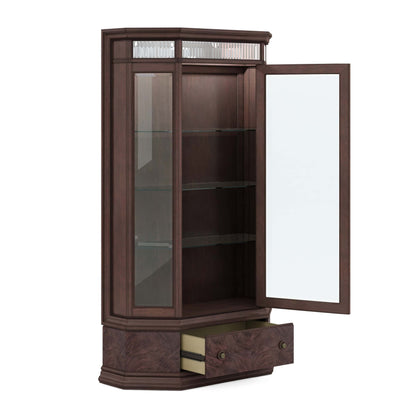 Revival traditional display cabinet with the door open, showing the interior shelves and drawer.