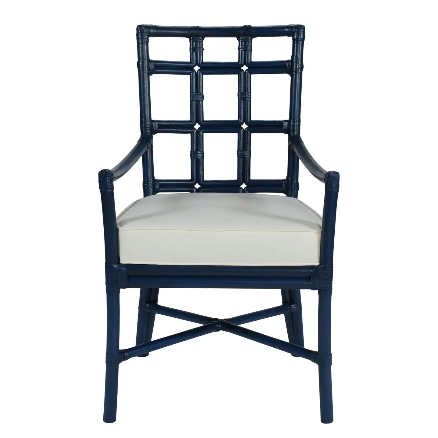 Front view of the Seville Armchair by David Francis in indigo rattan with a white cushioned seat.