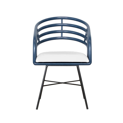 Front view of blue rattan Madrid Dining Chair with white cushion