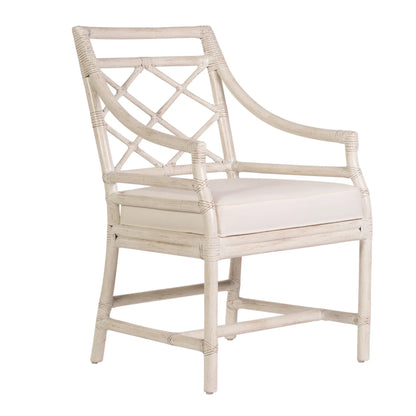 Front angle view of the David Francis X & Diamond Tight Back Dining Arm Chair in Weathered White finish, highlighting the tight back seat and upholstered fabric.