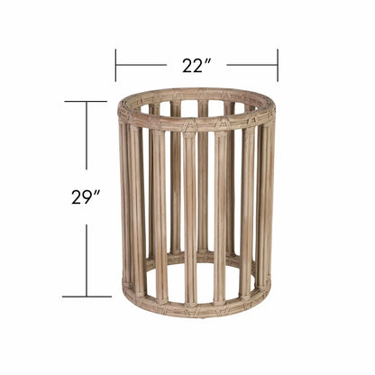 Small rattan dining table base only, with dimensions of 22 inches in diameter and 29 inches in height.